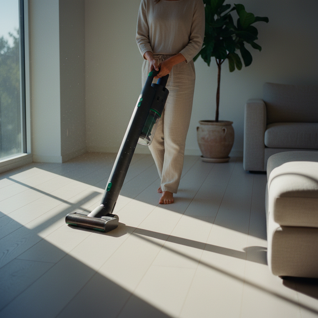 Cordless vacuum gliding across a modern living-room floor