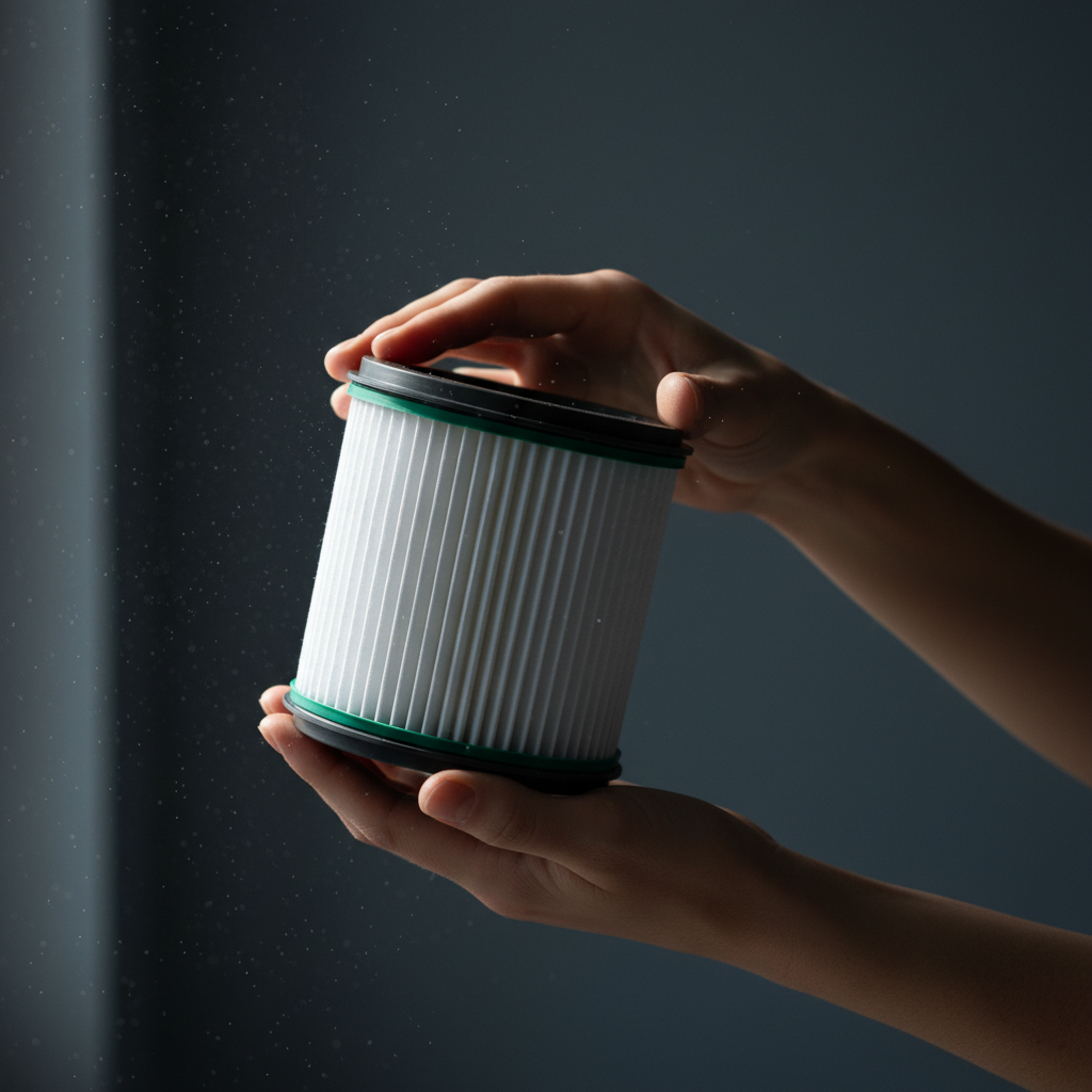 Hands holding a HEPA filter cartridge with dust particles in a beam of light