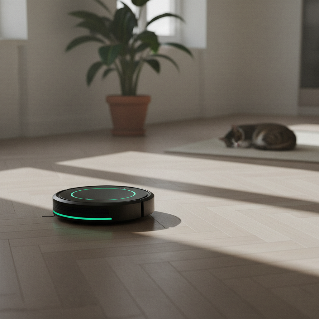 Robot vacuum cleaning beside a houseplant in soft morning light