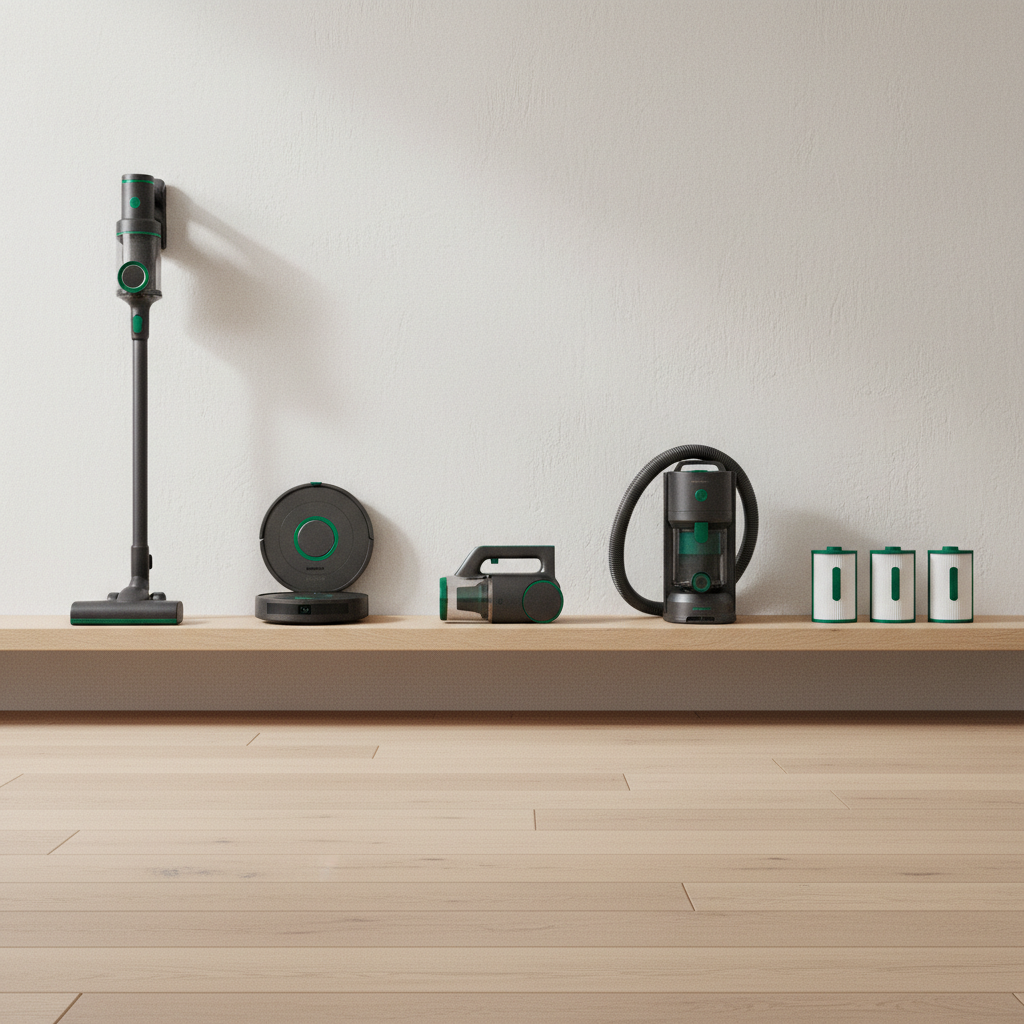 Showroom of vacuums arranged on a low oak shelf