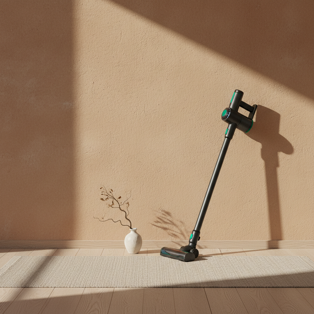 Cordless vacuum resting against a clay-plaster wall in a sunlit hallway